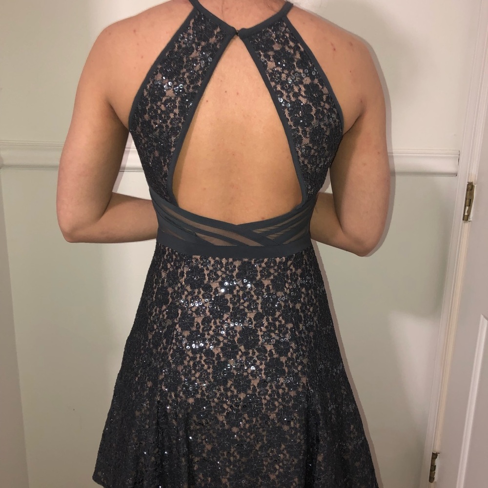 Sparkly Sequin Silver with Mesh Cutout Formal Dress Morgan & Co.